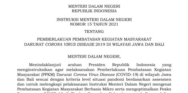 Mendagri Terbitkan Instruksi tentang PPKM Darurat Jawa-Bali